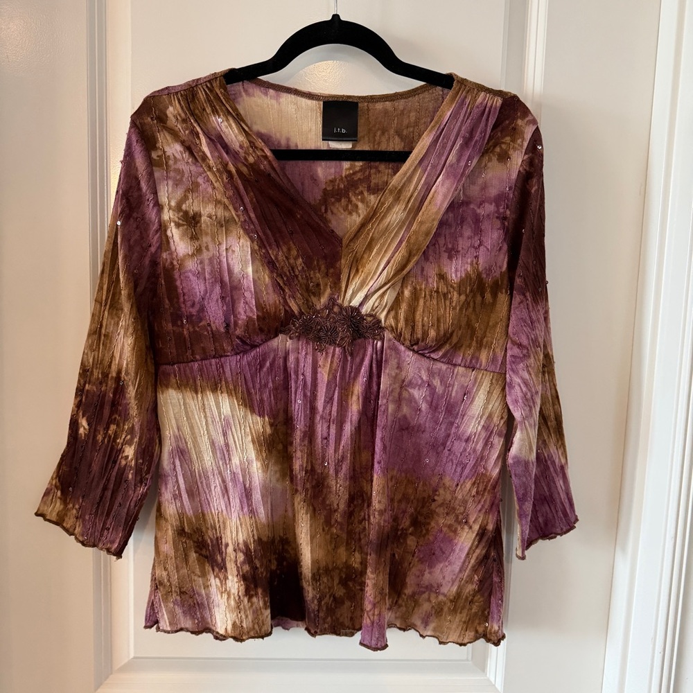 Y2K j.t.b. Tie‎ Dye Top Purple Brown Beaded Centerpiece Sequins Fairy Whimsygoth